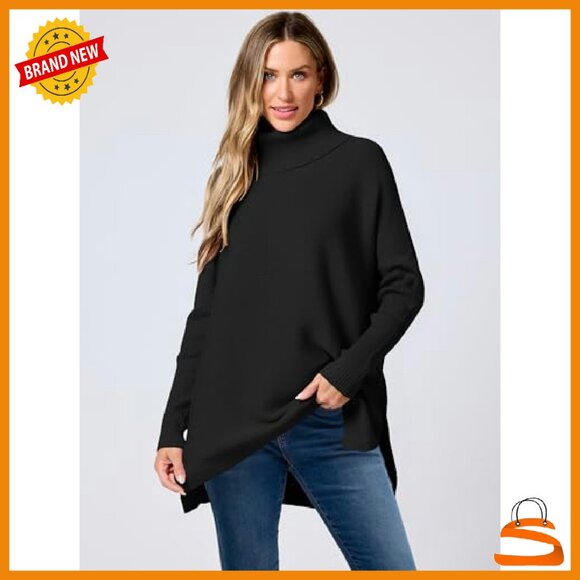 Oversized Turtleneck Batwing Sleeve Split Hem Knit Pullover Sweater - Picture 3 of 8